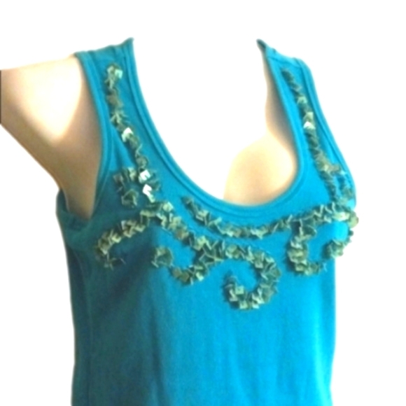 Ninety Tops - SEXY Aqua SEQUINED top -pair with bl or wt DENIM jacket!